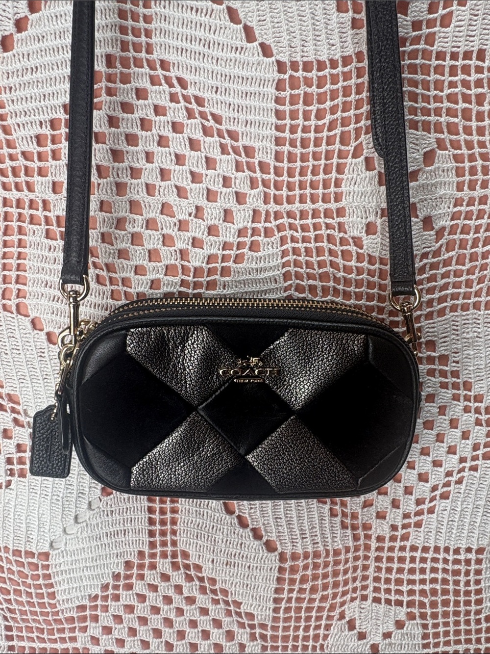 Coach 64734 Black & Metallic Leather Suede Patchwork Crossbody Bag